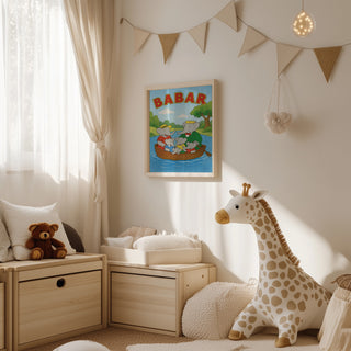 Framed "Babar on a Boat" print displayed above storage boxes in a cozy, softly lit children's room.