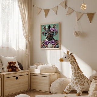 Framed zebra artwork with colorful bow displayed in a cozy, light-filled nursery with plush toys and decor.