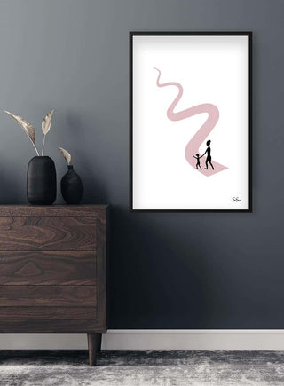 Sara Sonne - Wu Wei art poster featuring minimalist figures walking along a winding pink path, framed on a dark wall.