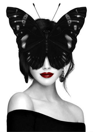 Artistic poster of a woman with red lips and a butterfly covering her eyes, titled Lady butterfly.
