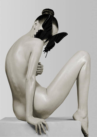 Artistic poster of a nude woman sitting, face partly covered by a large black butterfly on her shoulder.