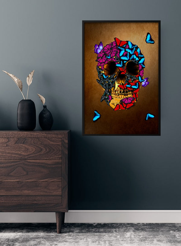 Golden skull with butterflies poster