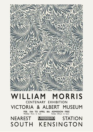 William Morris grey poster with intricate floral patterns, advertising a Victoria & Albert Museum exhibition.