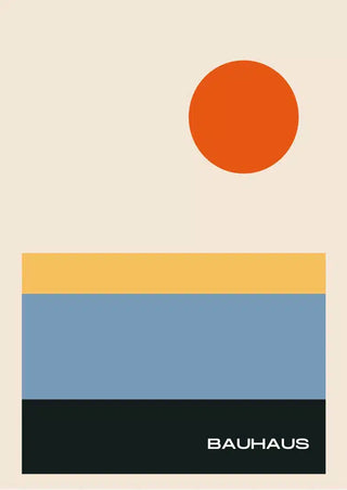 Minimalist Bauhaus art poster with a red circle, colored rectangles, and "BAUHAUS" text on a light background.