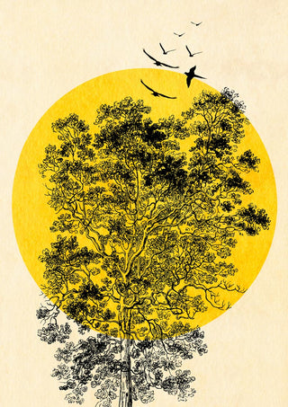 Poster of a large yellow sun behind a tree, with black birds flying overhead.