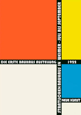 Bauhaus Ausstellung 1922 poster with bold geometric shapes and primary colors, featuring German text.