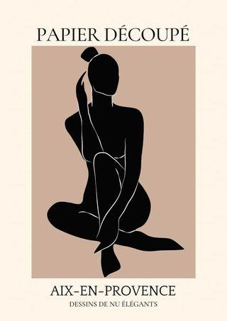 Minimalist French art poster of a nude female silhouette in black, sitting against a beige background.