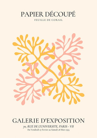 Colorful abstract coral-like flower design with "Papier Découpé" text on a beige background.