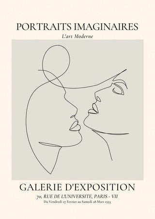 Minimalist line drawing of two abstract faces about to kiss, featured on the Portraits Imaginaires Kiss No. 2 Plakat.
