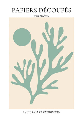 Abstract green coral and sun design inspired by Matisse, with French text on a modern art exhibition poster.