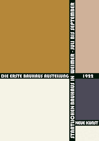 Bauhaus Weimar Braun 1922 Plakat featuring geometric blocks and exhibition text in German.