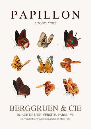 Poster featuring nine illustrated butterflies, titled "Papillon," with gallery and exhibition details below.