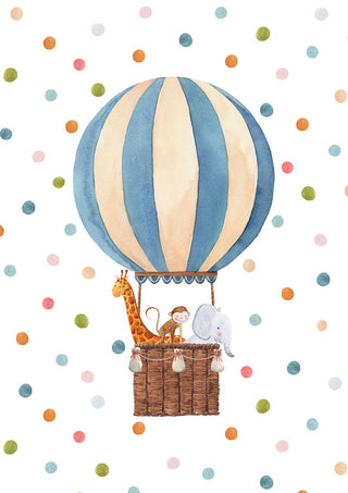 Whimsical hot air balloon with a giraffe, monkey, and elephant in the basket against a polka dot background.