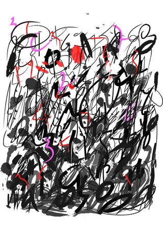 Abstract street art poster with chaotic black streaks, red accents, and splashes of pink on a white background.