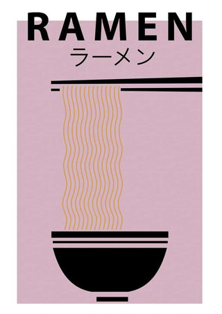 Minimalist poster of ramen noodles falling into a bowl with "RAMEN" and Japanese text above on a pink background.