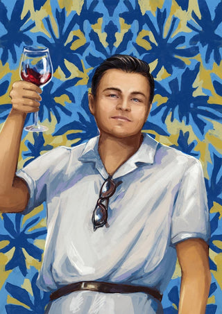 Illustration of a man in a white shirt raising a wine glass, with blue and yellow leaf patterns in the background.