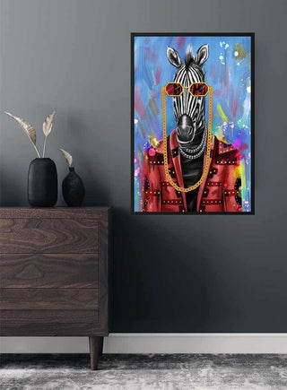 Colorful zebra portrait with sunglasses, gold chains, and red jacket on a modern wall; Artsy Zebra Plakat product.
