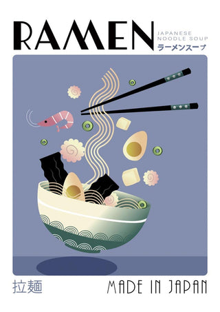 Illustration of a ramen bowl with noodles, chopsticks, shrimp, eggs, and toppings; text reads "RAMEN Made in Japan."