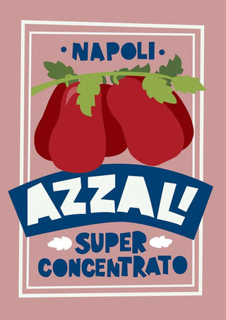Label for Azzali Concentrato featuring illustrated tomatoes, "Napoli," and "Super Concentrato" on a pink background.