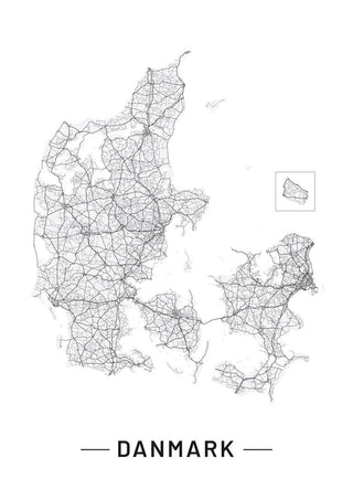 Minimalist line map of Denmark with roads and cities, titled "Danmark," shown on a white background.