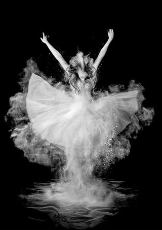 Ballerina in white dress leaps, powder bursts around her; dynamic dance artwork from Powder Burst - Pauline Pentony Plakat.