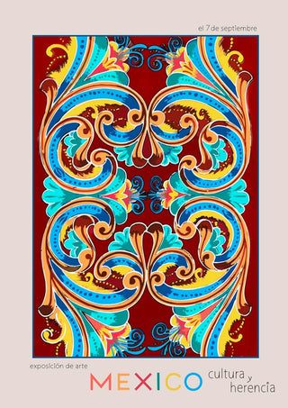 Colorful, ornate Mexican folk art pattern on red background; text reads "Mexico cultura y herencia" at the bottom.