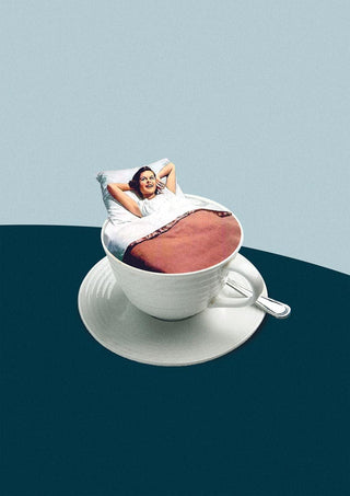 A person relaxing in bed, seamlessly blended with coffee foam in a white cup; surreal morning ritual artwork.