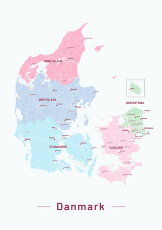 Colorful map poster of Denmark showing regions and major cities, titled "Danmark" at the bottom.