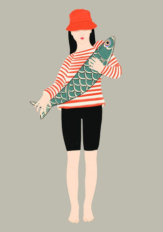 Illustration of a person in a red hat and striped shirt holding a large fish, My fish - Jotadejai product page.