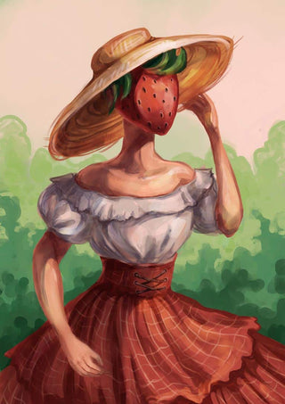 A woman in a ruffled dress and hat with a strawberry for a head, surrounded by greenery.