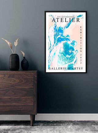 Framed Vincent V Plakat from Arte Exhibition 2022 displayed on a dark wall above a wooden dresser.