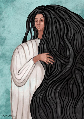 Illustration of a woman with long, voluminous black hair wearing a white robe. "My Hair is Strength" poster.