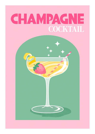 Illustration of a champagne cocktail with a strawberry and lemon twist in a glass, text reads "Champagne Cocktail."