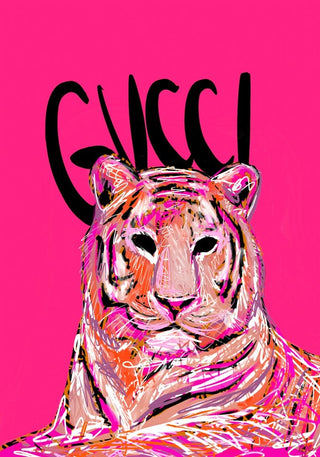 Stylized tiger illustration with "Gucci" text above on a bright pink background, featured on the Gucci Tiger Fashion No 02 Plakat.