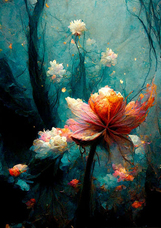 Dreamlike forest scene with vibrant, blooming flowers featured on Skovens Blomster 1 by Winnie Møller.