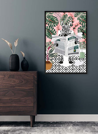 Framed artwork of a zebra reading "Zebra News" newspaper, displayed in a modern room with dark decor.
