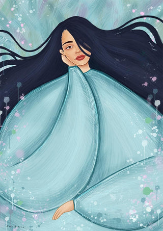 Illustration of a woman with long dark hair wrapped in flowing blue fabric, art for Dreaming of Shangri-la by Kate Aitana.