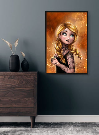 Framed artwork of Hot ANNA not Frozen - Danii Steinfeldt on a dark wall above a wooden dresser.