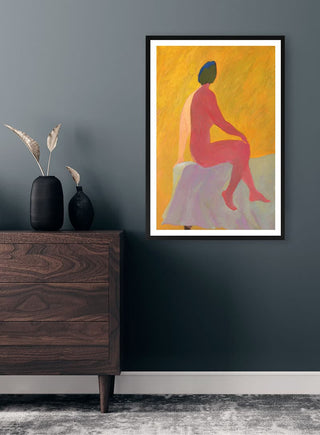 Framed print of "Silence is the Element" by Martina Karlsson on a dark wall above a wooden dresser.