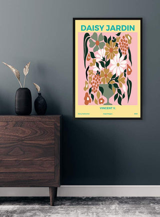 Poster of Daisy Jardin No 3 by Vincent V featuring abstract floral art, displayed on a dark wall above a wooden dresser.