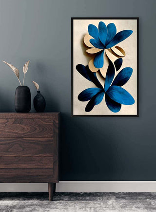 Framed Cherry Blossom Branch -Treechild artwork with abstract blue petals, displayed above a dark wood dresser.