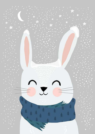 Illustration of a smiling white bunny wearing a blue scarf with trees, under a snowy night sky.