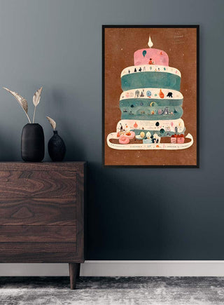 Framed “My First Birthday - Treechild” art print featuring a whimsical tiered birthday cake with playful characters.