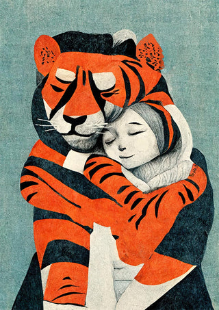 Illustration of a child hugging a tiger, both with peaceful expressions, from My Tiger And Me - Treechild.