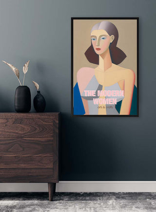 Framed "Modern Woman" by David Wolf on a dark wall above a wooden dresser with decorative vases.