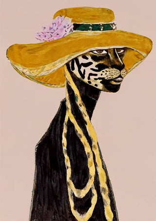 Stylized figure with leopard-like features, yellow hat, and pearls from I’m Makin’ Money - David Wolf product page.