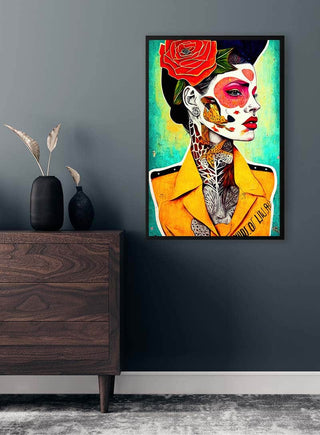 Colorful portrait art of a woman with tattoos and a red rose, framed on a dark wall above a wooden cabinet.