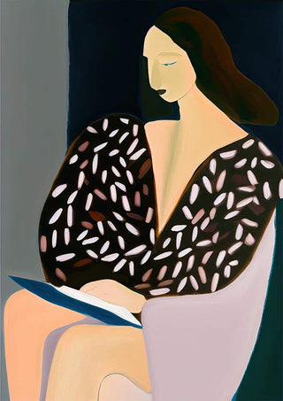 Abstract painting of a woman with dark hair sitting and reading, featured on the Think Of Never - David Wolf product page.