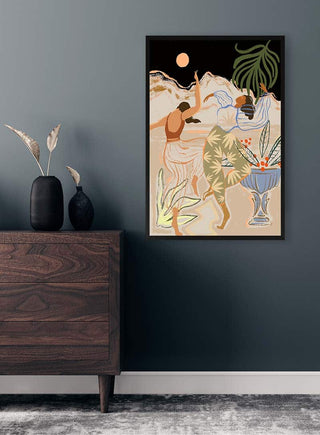 Framed Moonlightdance- Arty Guava artwork hanging above a wooden dresser in a modern room.