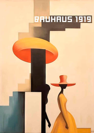 Abstract art of a woman in a yellow Bauhaus dress and hat, with geometric shapes and "BAUHAUS 1919" text.